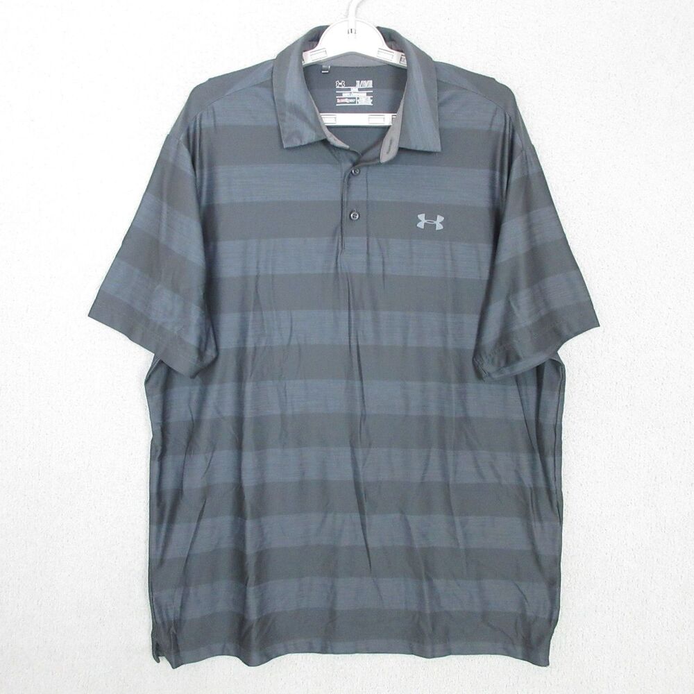 Under Armour Heatgear Mens Polo Shirt XL Gray Striped Short Sleeve Loose Fit